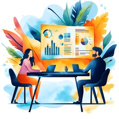 Poster - Businesspeople Analyzing Data Charts on Laptops in Watercolor Style