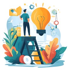 Poster - Man Reaching for a Light Bulb Idea on a Ladder