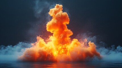 Canvas Print - A large orange cloud of smoke rises from the water