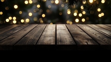 Wall Mural - An image of a wood desk with light bokeh in concert blur, and an image of a wood table with bokeh