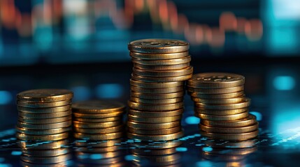 Poster - Stacked Coins with Stock Market Background. Close-up of stacked coins on a digital financial background, illustrating investment and market trends. Ideal for concepts of finance and economic growth.