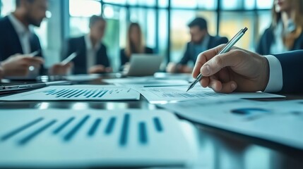 Poster - Group of professionals engaged in a business meeting, analyzing financial and marketing documents. Focus on collaboration and strategic planning with charts and statistics.