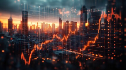 Poster - Financial Growth with Marketing Insights. City skyline during sunset reflects financial growth trends. Overlaid graph symbolizes investment opportunities & marketing insights crucial for businesses.