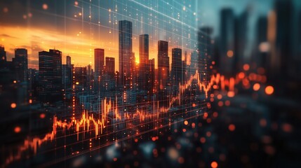 Poster - Urban Financial Growth with Dynamic Marketing Trends. Skyline at sunset showing financial growth trends. Image illustrates dynamic marketing influences with vibrant colors and data visualizations.