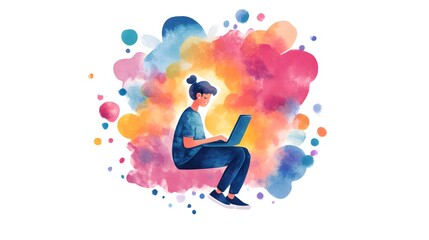 Poster - Woman Using Laptop with Watercolor Background