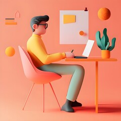 Poster - 3D Illustration of Man Working on Laptop at Desk