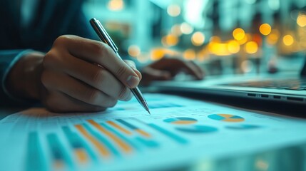 Poster - Analyzing Financial Data with Marketing Strategies. Professional analyzing financial data and marketing strategies, using pen on report while working on laptop, illustrating business decision-making.