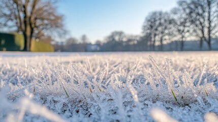 Poster - A thick layer of frost blankets the grass in a serene park as the sun rises, casting a soft light over the landscape. Trees stand tall in the background, enhancing the tranquil winter atmosphere.