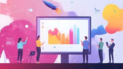 Poster - Business People Presenting Data Analysis on Big Screen with Rocket Illustration