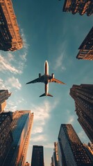 Aufkleber - Large passenger airplane is flying over a city center, with skyscrapers surrounding it and a sunset in the background