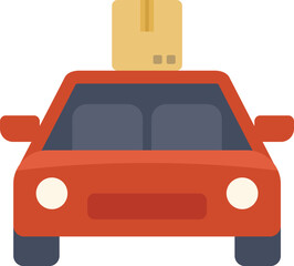 Poster - red delivery car carrying a cardboard box on its roof, depicting a fast and reliable delivery servic