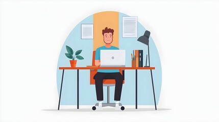 Poster - Man Working on Laptop at Desk in Modern Office