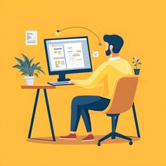 Poster - Man Working on Computer at Desk with Plants