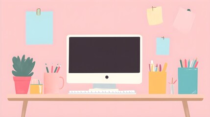 Poster - Minimalist Desk Setup with Computer  Plant  and Supplies