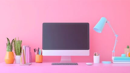 Aufkleber - Minimalist Pink Desk Workspace with Computer  Desk Lamp  and Plants