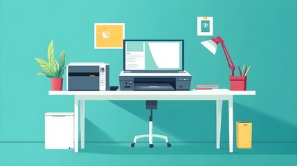 Poster - Modern Office Desk with Computer  Printer  and Office Supplies