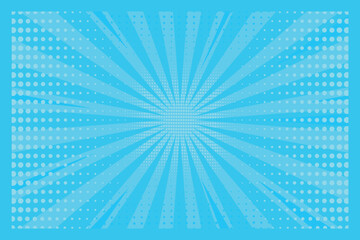 Wall Mural - Pop art blue comic background with sun rays and dots. Retro style. Vector illustration