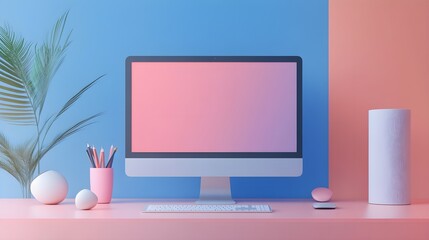 Poster - Minimalist Desk Setup with Computer  Keyboard  and Mouse on Pink and Blue Background