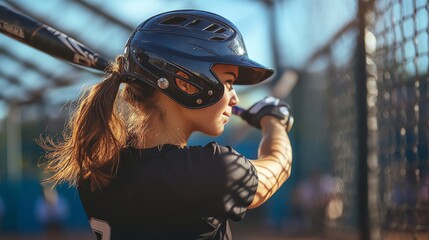 Wall Mural - Young woman in a baseball uniform, wearing a helmet and holding a bat, ready to hit.