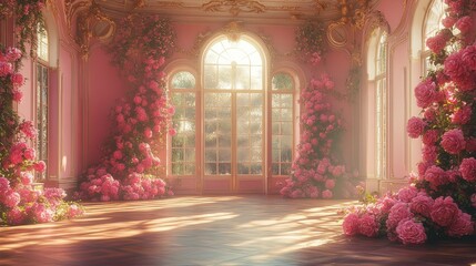 Elegant ballroom in a pink castle, sunlight streaming through tall windows, cascading flowers in full bloom outside, intricate floral patterns on the walls