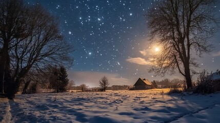 Wall Mural - winter night with starry sky and full moon illuminating a snow-covered landscape, featuring tranquil