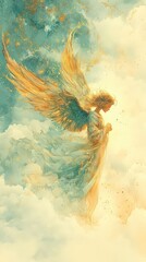 Wall Mural - ethereal angel with golden wings floating among clouds, symbolizing divine protection and spiritual 
