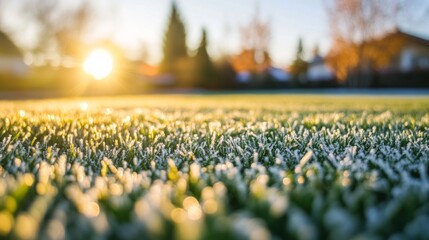 Aufkleber - Bright frost blankets the grass, sparkling as the sun rises on a tranquil winter morning. The scene radiates peace, showcasing nature's beauty in the quiet hours of the day.