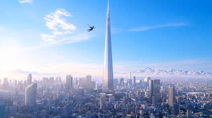 Poster - stunning futuristic city skyline featuring towering skyscraper against clear blue sky, with airplane soaring above. scene captures essence of modern architecture and urban life