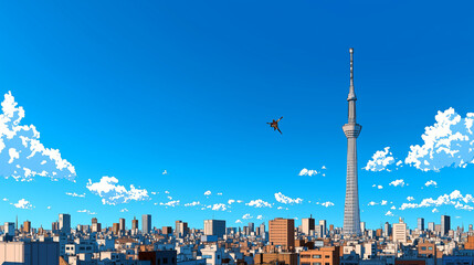 Poster - vibrant futuristic city skyline features soaring manga superhero against bright blue sky. iconic tower stands tall amidst urban landscape, evoking sense of adventure and excitement