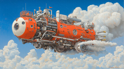 Poster - vibrant, futuristic airship with intricate mechanical details soars through bright blue sky, surrounded by fluffy white clouds, evoking sense of adventure and innovation