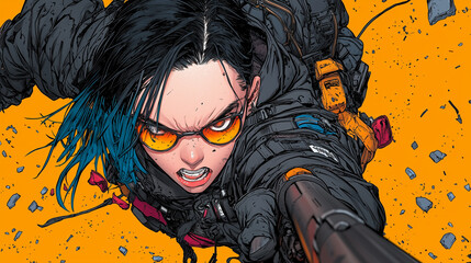 Aufkleber - Dynamic female hero with blue hair and sunglasses, fiercely running through urban landscape, showcasing determination and strength against vibrant orange backdrop