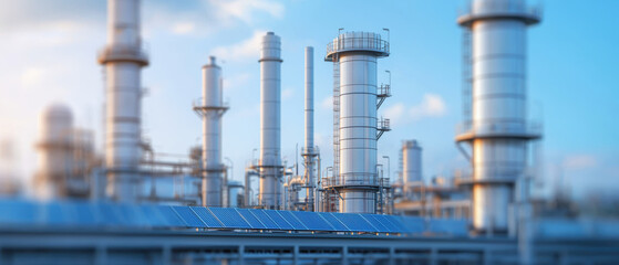 A modern industrial scene showcasing tall chimneys against a blue sky, reflecting the complexity of manufacturing processes.