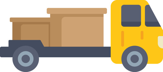 Poster - delivery truck carrying cargo boxes moving fast, logistics and delivery service concept, flat vector