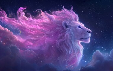 Wall Mural - Majestic translucent male lion god's upper body silhouette composed of intricate, glowing strands of light against a cosmic background