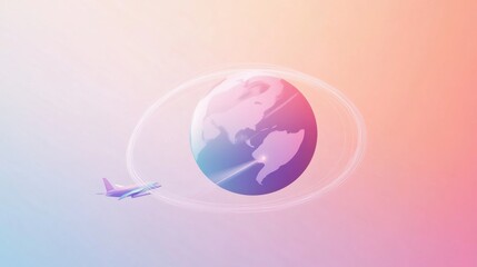 Poster - A simplistic globe is paired with an airplane, illustrating the excitement of international travel with a trail circling the earth. Generative AI