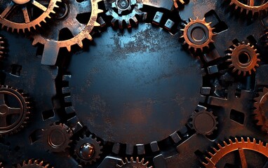 Poster - A close-up of interlocking metallic gears with a dark background, ideal for industrial-themed designs.