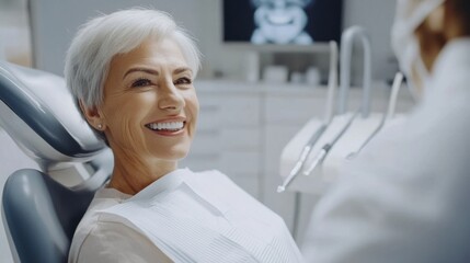 Happy senior woman smiles during dental check-up at clinic