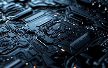 Poster - A close-up view of intricate, dark circuit board patterns with glowing elements, showcasing technology design.
