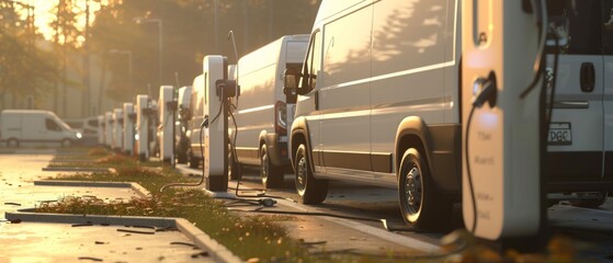 White vans parked by charging stations, some charging. Sunset backdrop with warm light and shadows. Public area ambiance near a park.