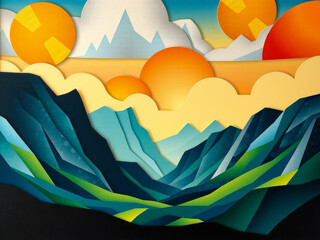 Wall Mural - A mountain range with a blue sky and a yellow sun. The sun is surrounded by clouds and the mountains are in the background