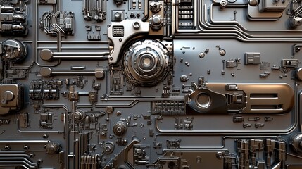 Poster - A close-up view of a complex, metallic circuit board showcasing intricate electronic components.