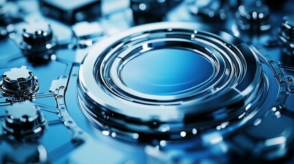 Poster - A close-up of a metallic circular component with a blue reflective surface, suggesting technology and precision.