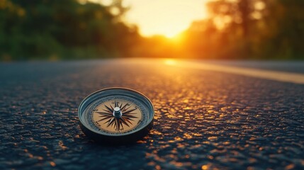 Low angle photography of a compass lying on the asphalt road at sunset, pointing north. Guiding the way to success, symbolizing direction, business decisions, and future-oriented growth.