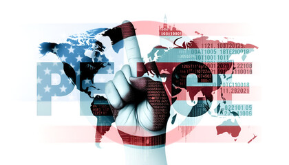 Double exposure Peace Word and abstract technology background. International conflict, American hegemony, War.