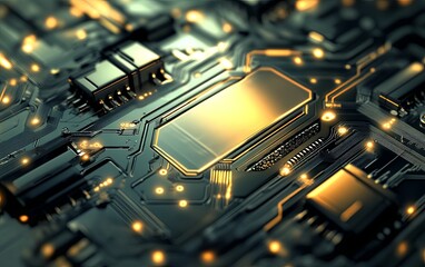 Poster - A close-up view of a circuit board with glowing components, showcasing technology and design.
