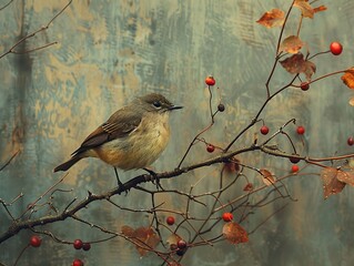 Wall Mural - A Small Bird Perched on a Branch with Red Berries