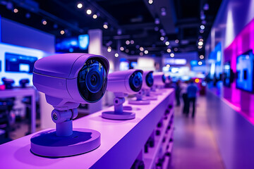 A row of security cameras sitting on top of a white table