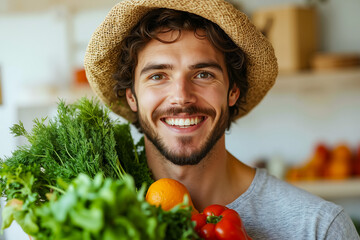 A man in a straw hat holding a bunch of vegetables