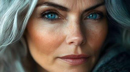 Woman with silver hair and gentle wrinkles, transforming into a vibrant, younger self, smooth skin and glowing eyes, a visual journey of time