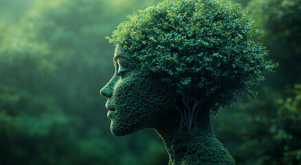 Beautiful tree shaped like a human head, symbolizing mental health, nature, and inner peace